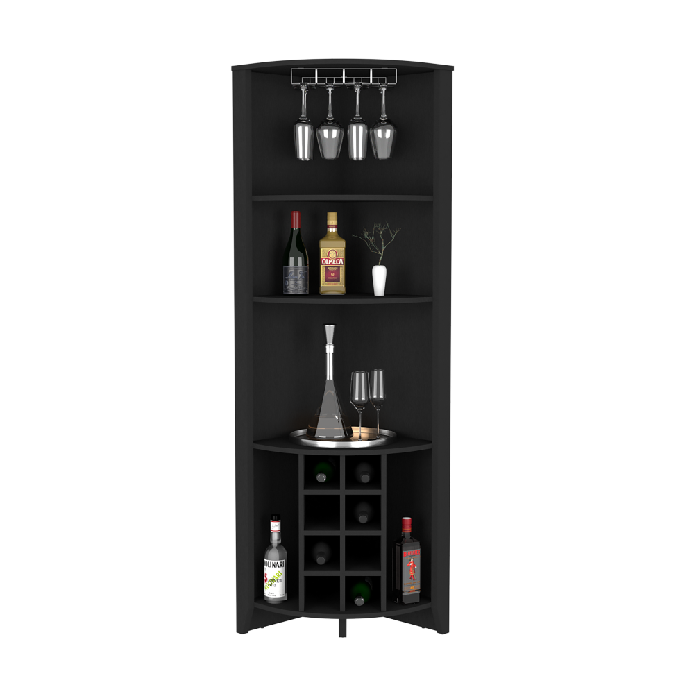 Corner Bar Cabinet  Castle, Three Shelves, Eight Wine Cubbies, Black Wengue Finish-4