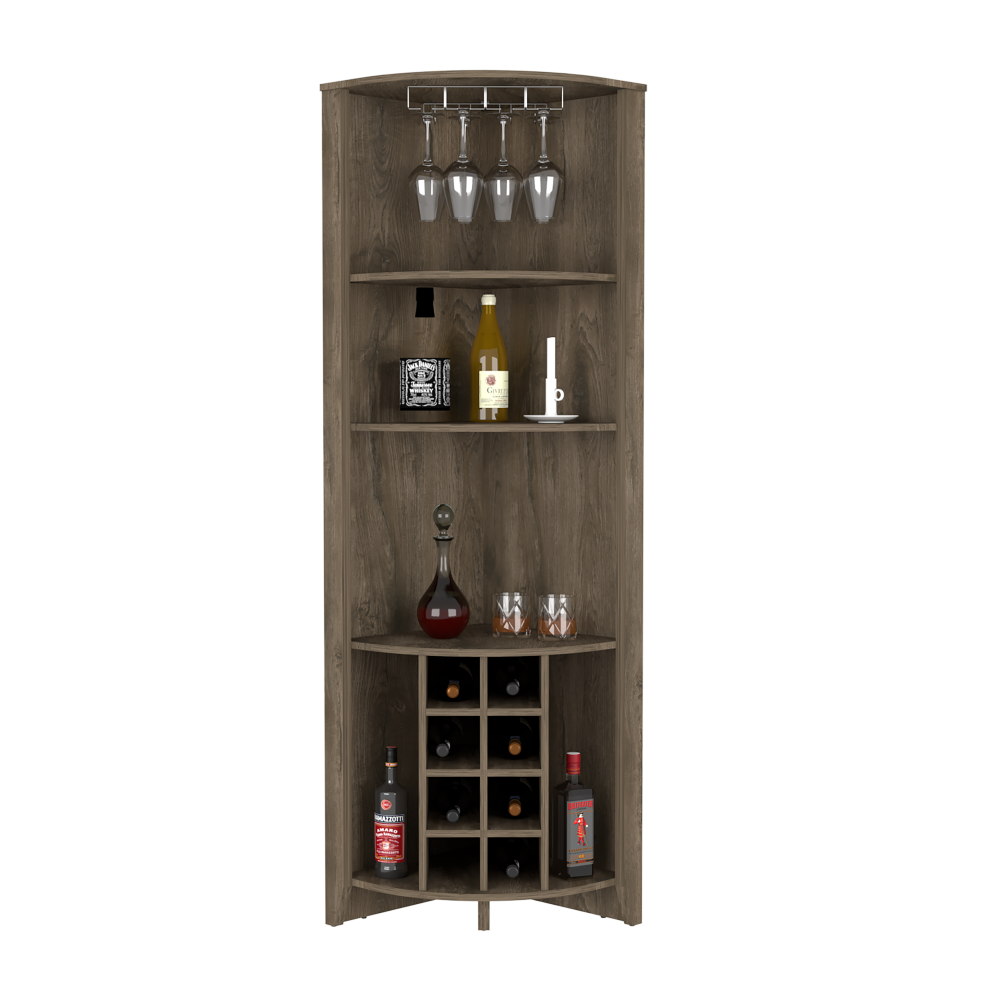 Corner Bar Cabinet  Castle, Three Shelves, Eight Wine Cubbies, Dark Brown Finish-3