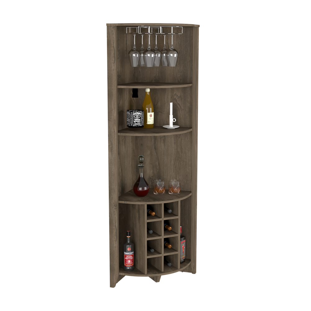 Corner Bar Cabinet  Castle, Three Shelves, Eight Wine Cubbies, Dark Brown Finish-2