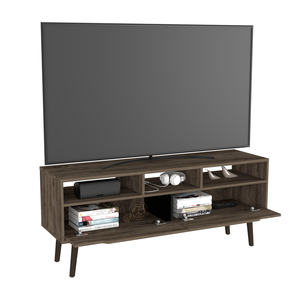 Tv Stand for TV´s up 52" Bull, Three Open Shelves, Two Flexible Drawers, Dark Walnut Finish-3