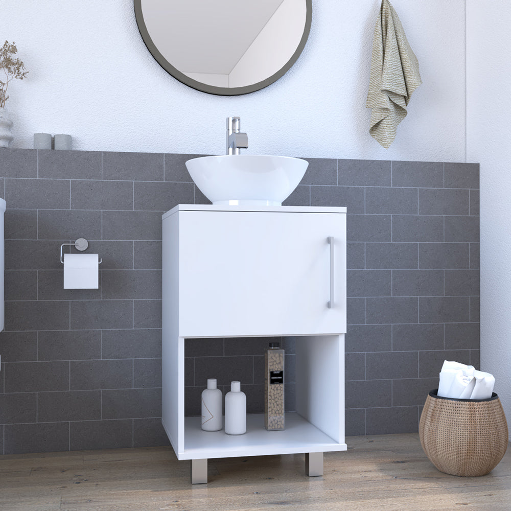 Single Bathroom Vanity Pigmag, One Open Shelf, Single Door Cabinet, White Finish-0