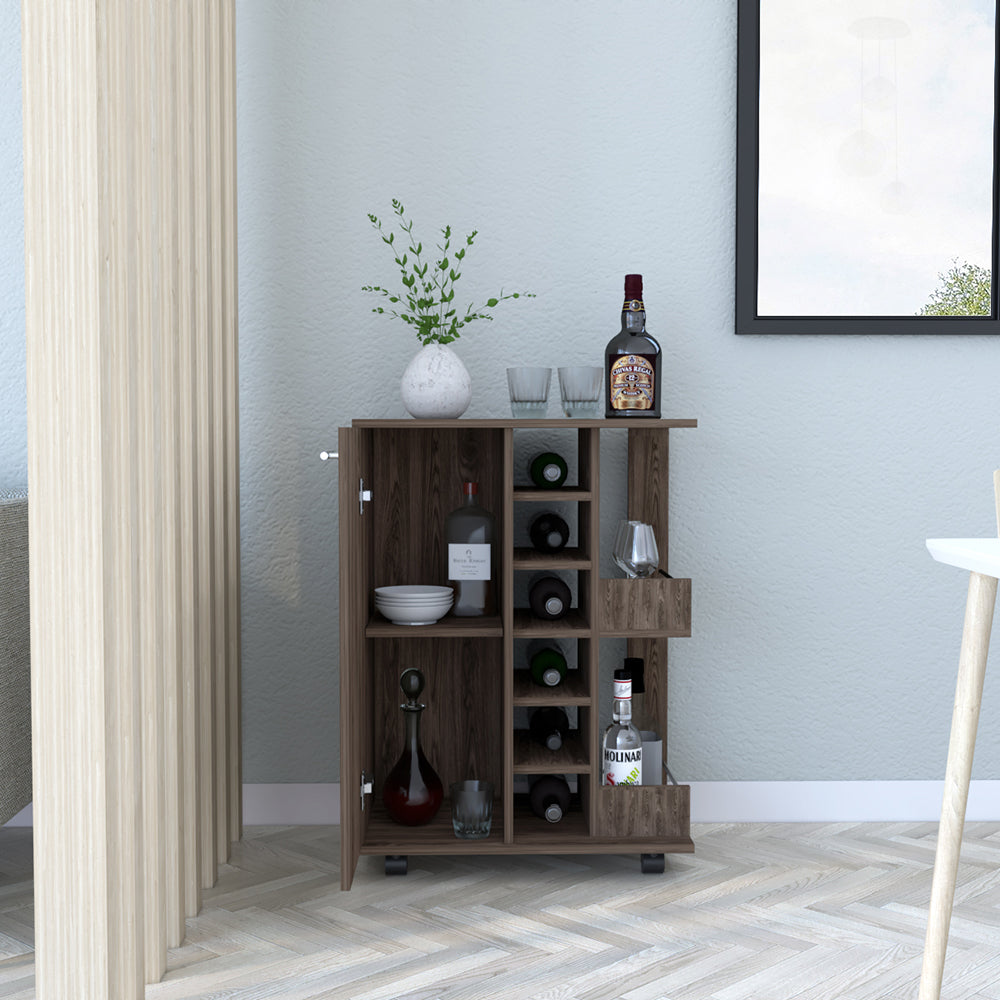 Bar Cart Wells, Four Casters, Dark Walnut Finish-1