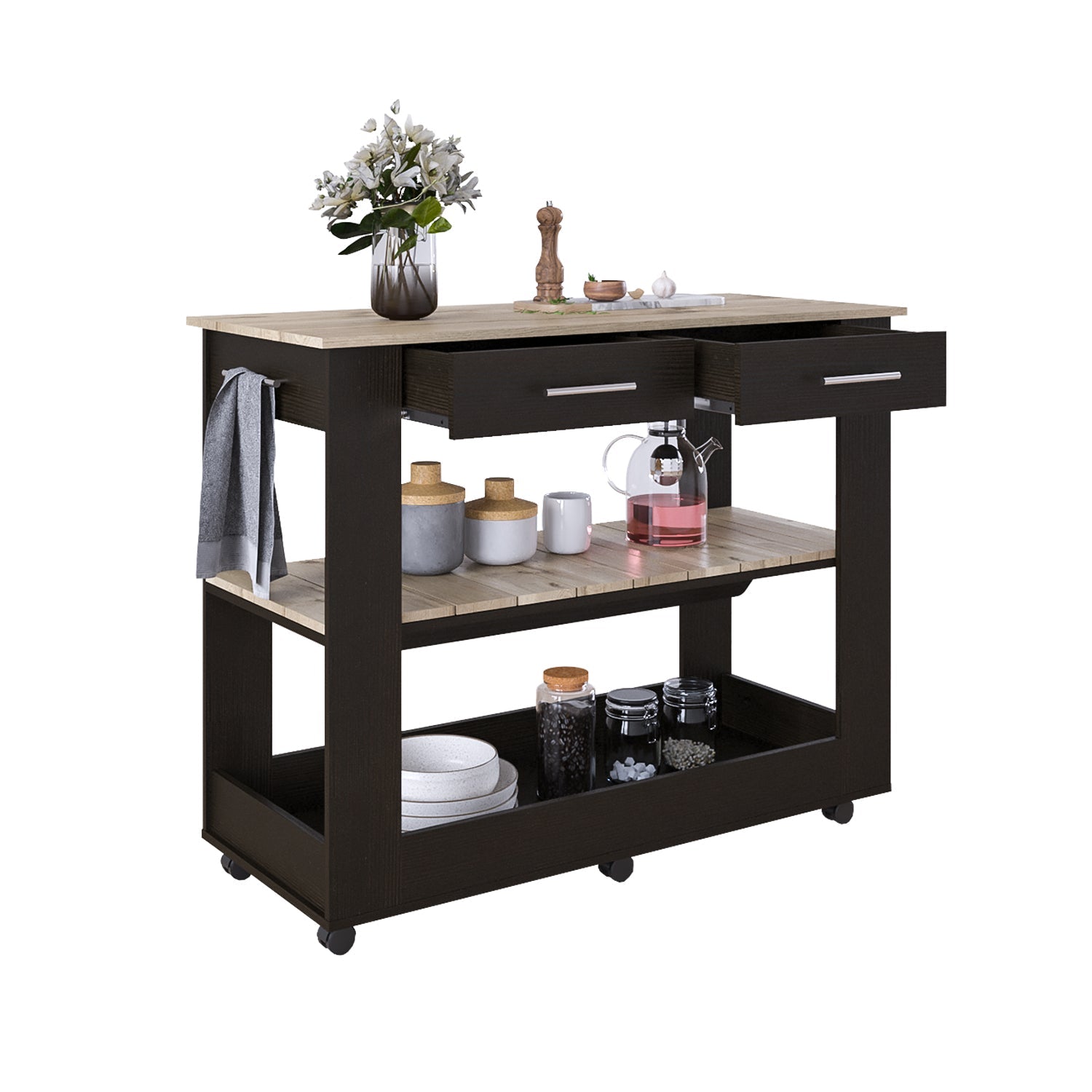 Kitchen Island 46 Inches Dozza, Two Drawers, Black Wengue / Light Oak Finish-2