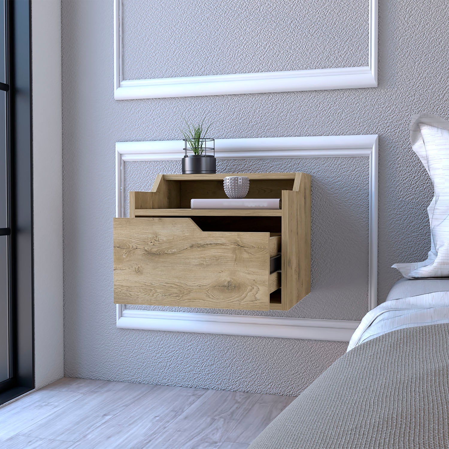 Floating Nightstand Chester, Dual Top Surface with Built-in Drawer Storage, Macadamia Finish-1