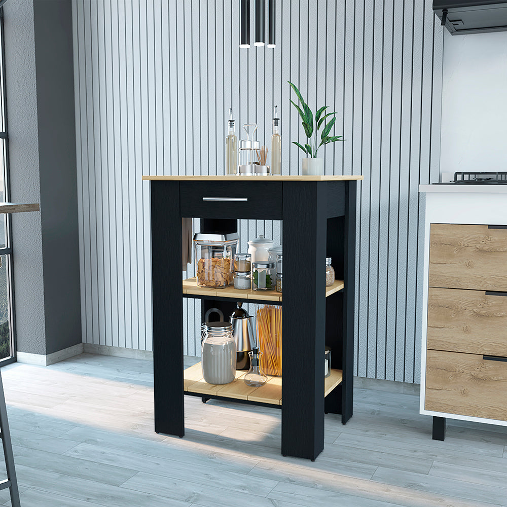 Kitchen Island 23 Inches Dozza with Single Drawer and Two-Tier Shelves, Black Wengue / Light Oak Finish-0