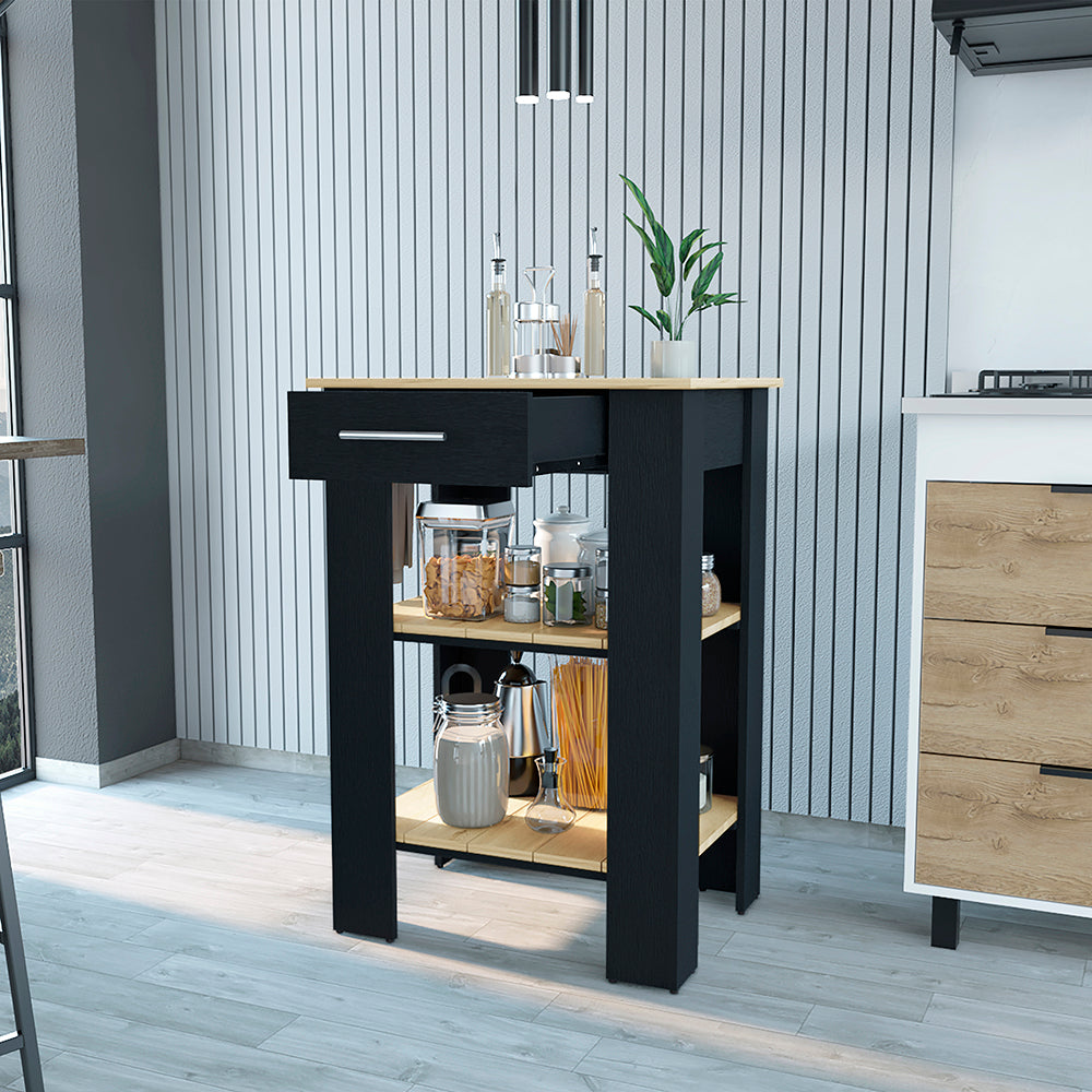 Kitchen Island 23 Inches Dozza with Single Drawer and Two-Tier Shelves, Black Wengue / Light Oak Finish-3