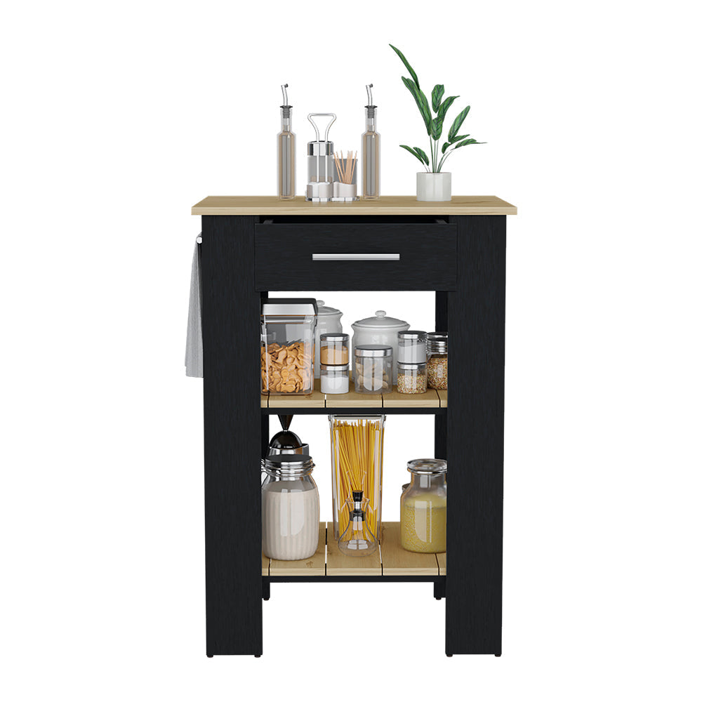 Kitchen Island 23 Inches Dozza with Single Drawer and Two-Tier Shelves, Black Wengue / Light Oak Finish-4