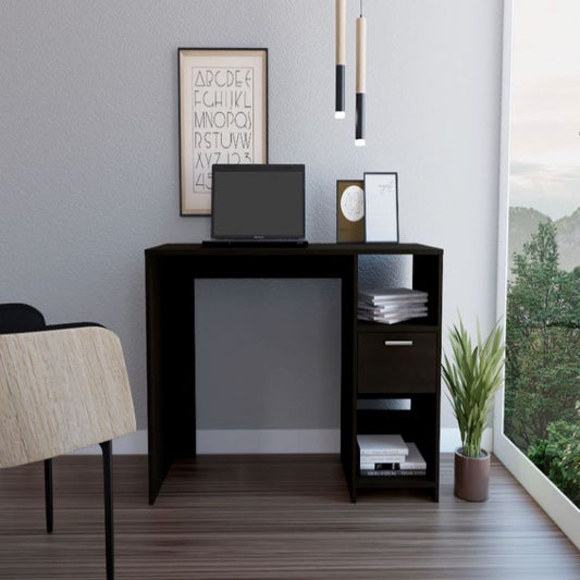 Computer Desk Odessa with Single Drawer and Open Storage Cabinets, Black Wengue Finish-0