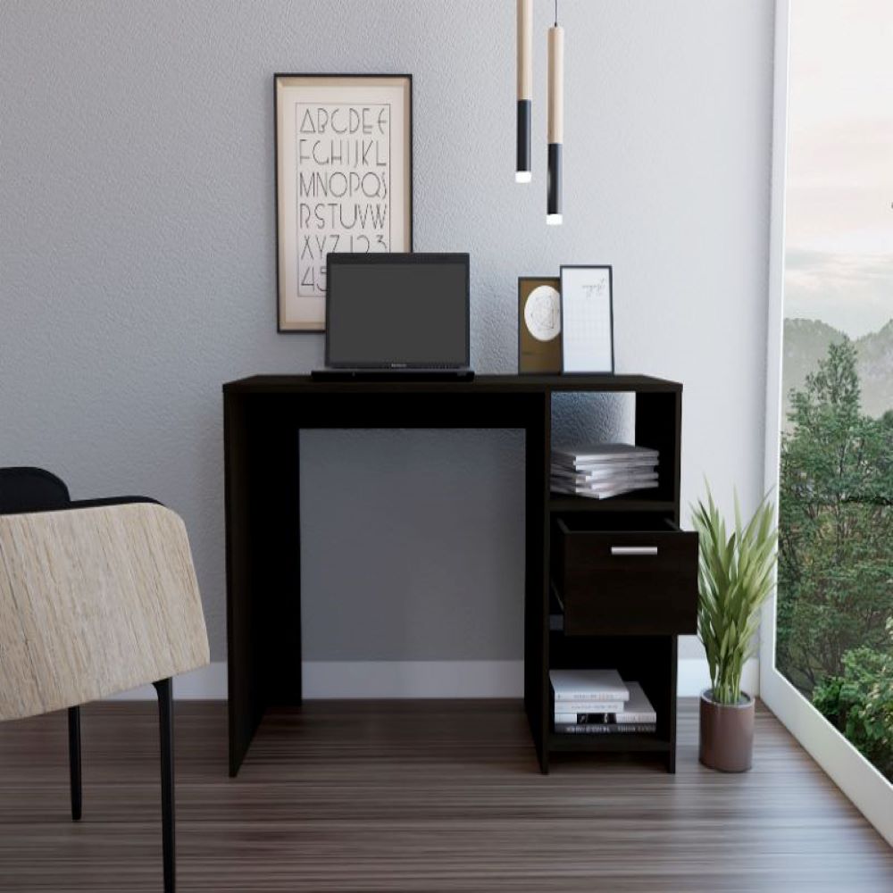 Computer Desk Odessa with Single Drawer and Open Storage Cabinets, Black Wengue Finish-1