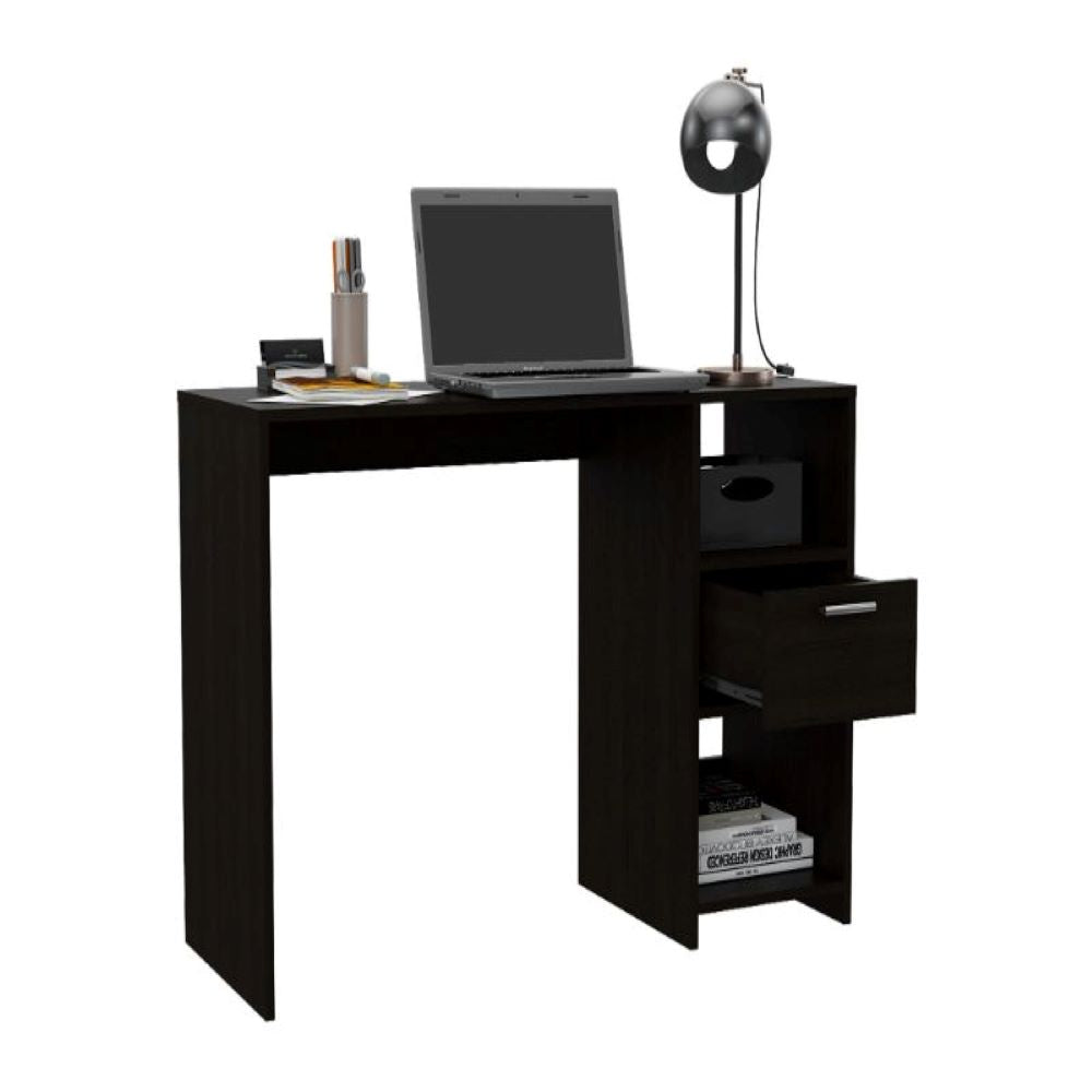 Computer Desk Odessa with Single Drawer and Open Storage Cabinets, Black Wengue Finish-4