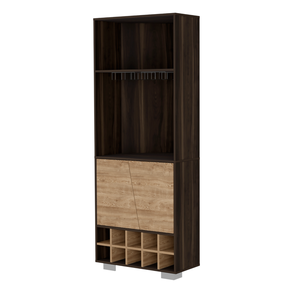 Corner Bar Cabinet Albarr, Ten Wine Cubbies, Two Shelves, Double Door - Dark Oak / Pine-2