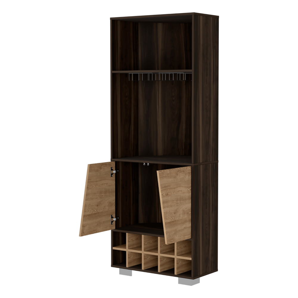 Corner Bar Cabinet Albarr, Ten Wine Cubbies, Two Shelves, Double Door - Dark Oak / Pine-1