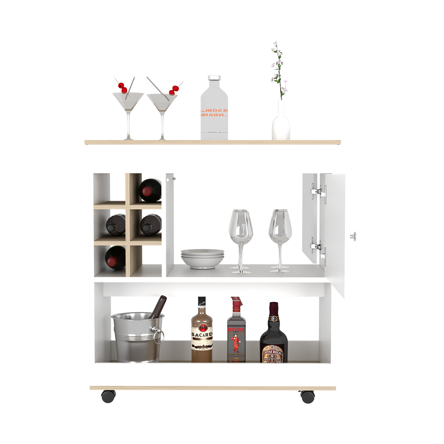 Bar Cart Aloha, Lower Panel, Six Bottle Cubbies, One Cabinet, Light Oak / White Finish-2