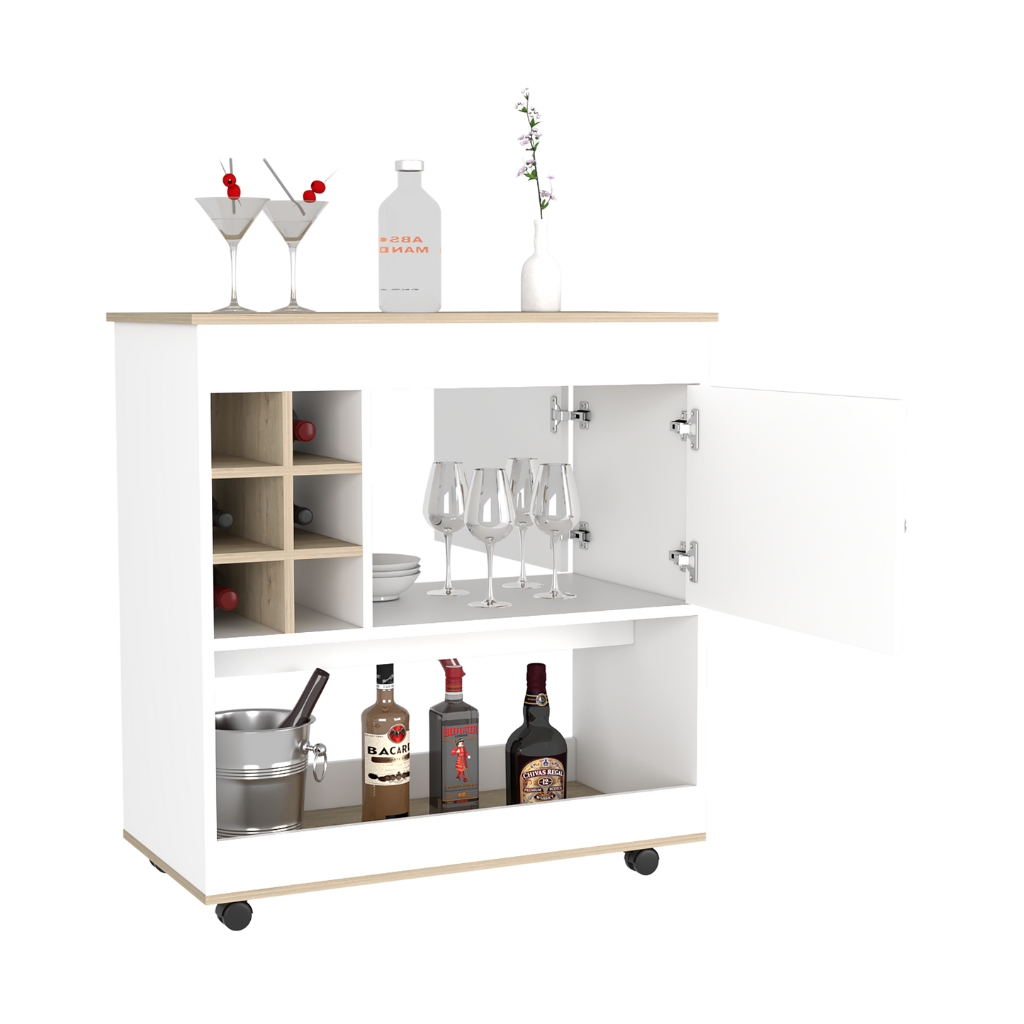 Bar Cart Aloha, Lower Panel, Six Bottle Cubbies, One Cabinet, Light Oak / White Finish-4