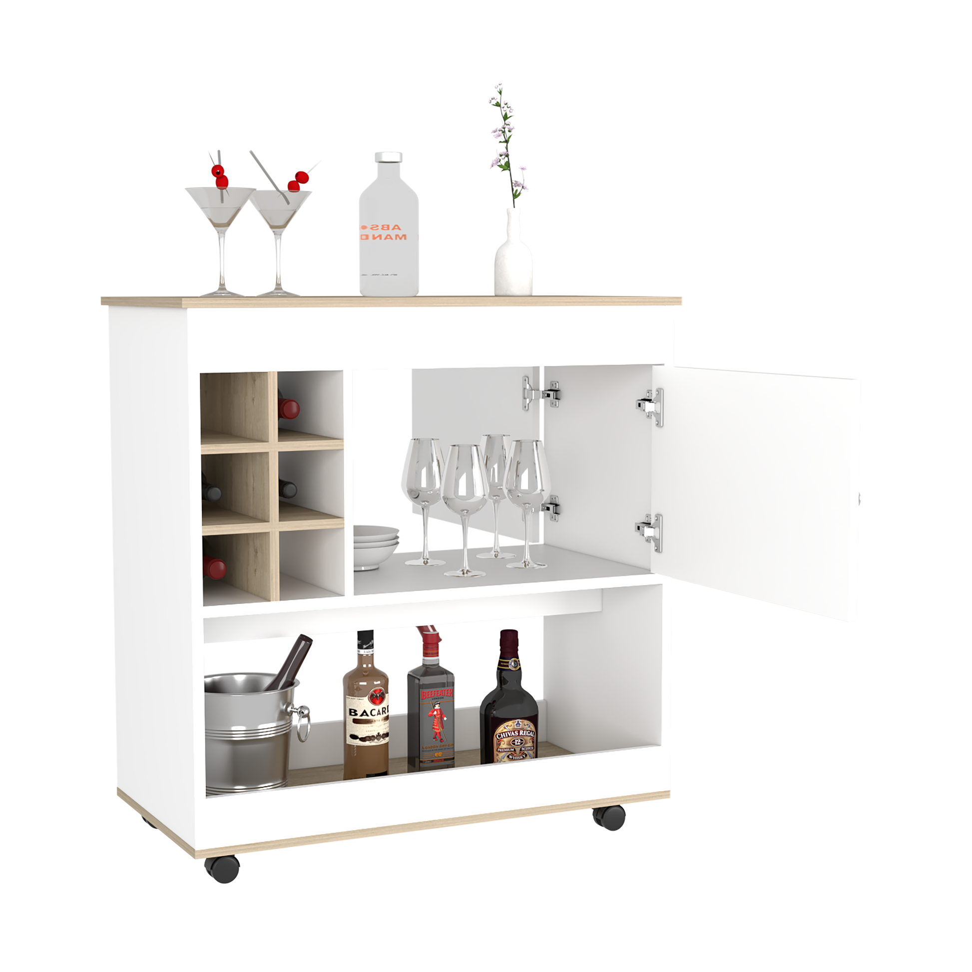 Bar Cart Aloha, Lower Panel, Six Bottle Cubbies, One Cabinet, Light Oak / White Finish-4