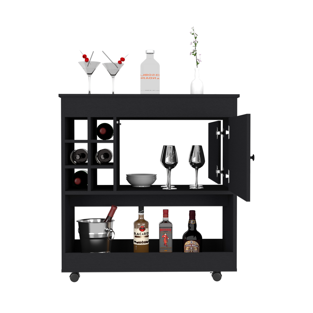 Bar Cart Aloha, Lower Panel, Six Bottle Cubbies, One Cabinet, Black Wengue Finish-2