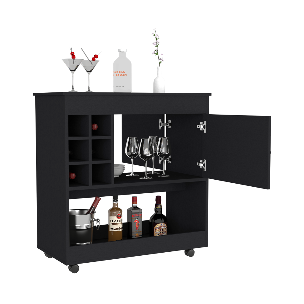 Bar Cart Aloha, Lower Panel, Six Bottle Cubbies, One Cabinet, Black Wengue Finish-4