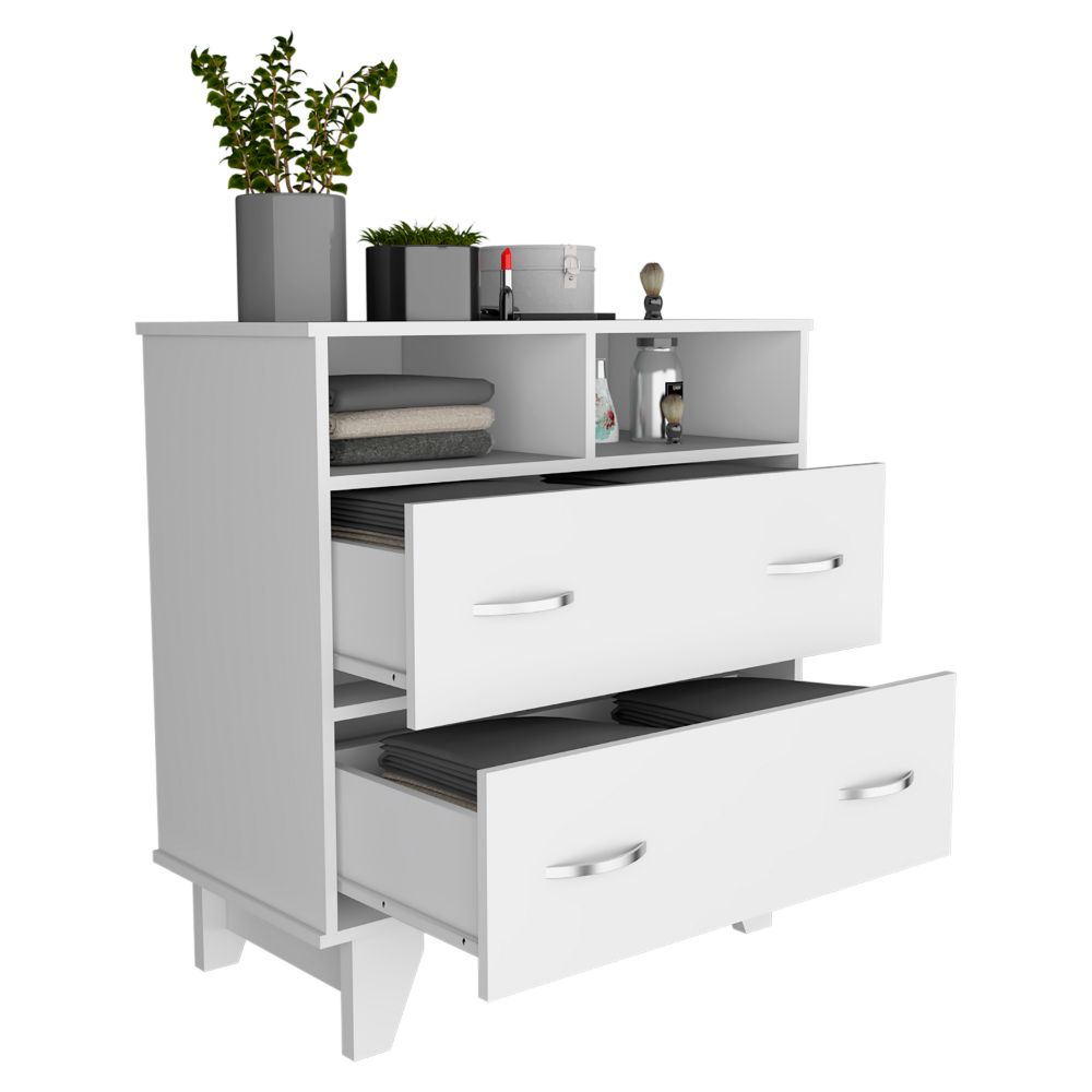 Double Drawer Dresser Arabi, Two Shelves, White Finish-4