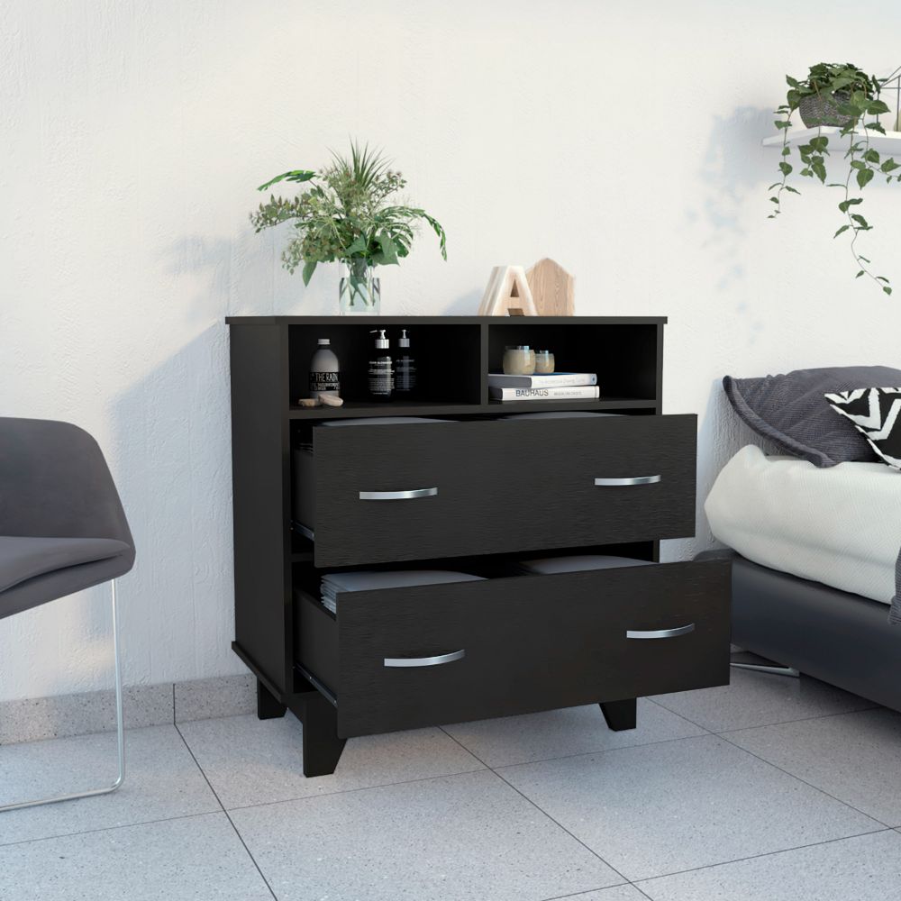 Double Drawer Dresser Arabi, Two Shelves, Black Wengue Finish-1