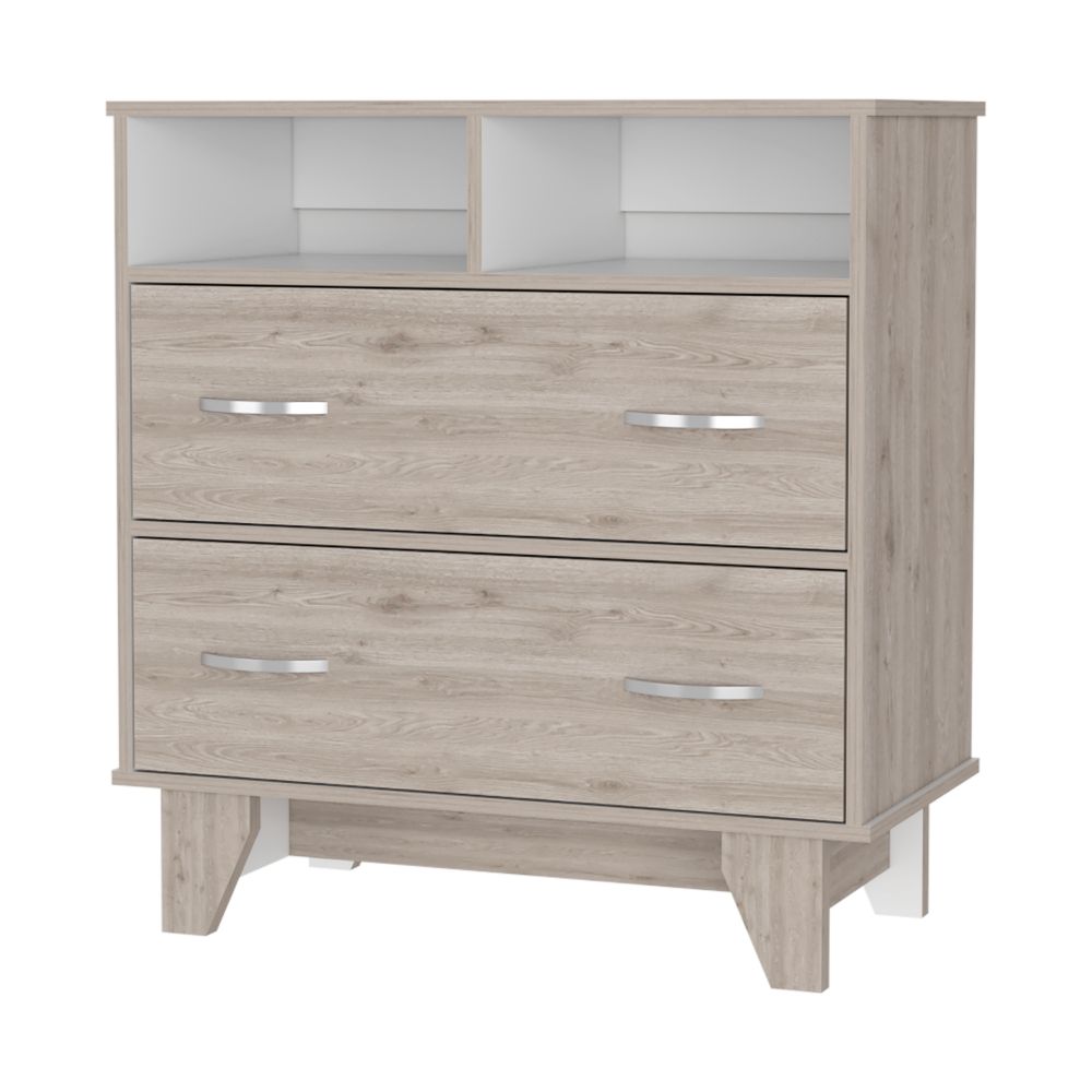 Double Drawer Dresser Arabi, Two Shelves, Light Gray / White Finish-3