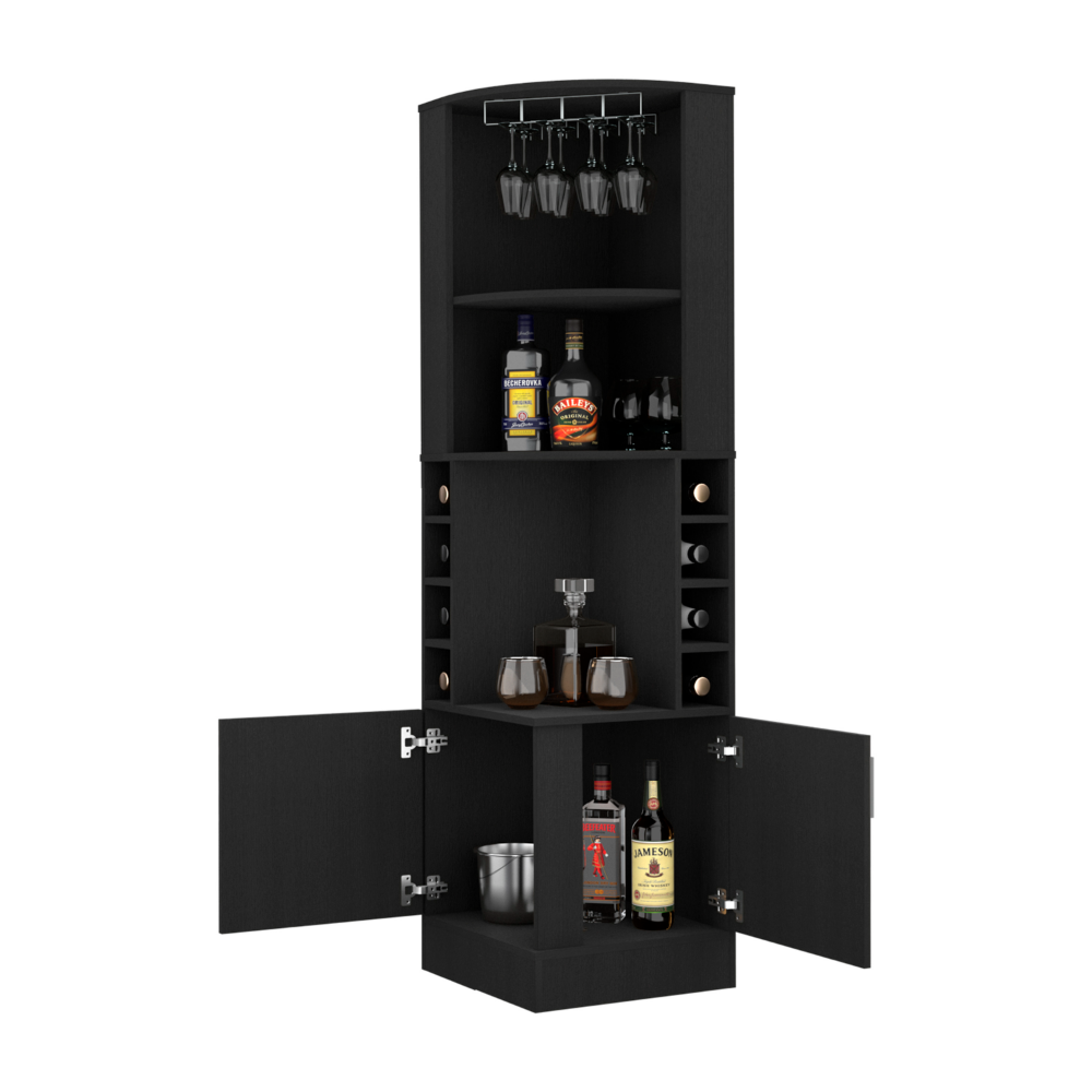 Corner Bar Cabinet Atanasio, 8 Wine Cubbies, Double Door, Black Wengue Finish-2