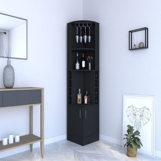 Corner Bar Cabinet Atanasio, 8 Wine Cubbies, Double Door, Black Wengue Finish-0