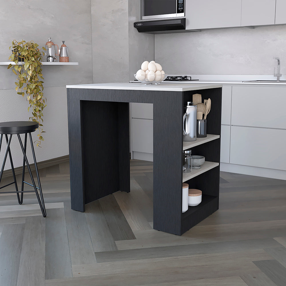 Kitchen Island Doyle, Three Side Shelves, Black Wengue and Ibiza Marble Finish-0