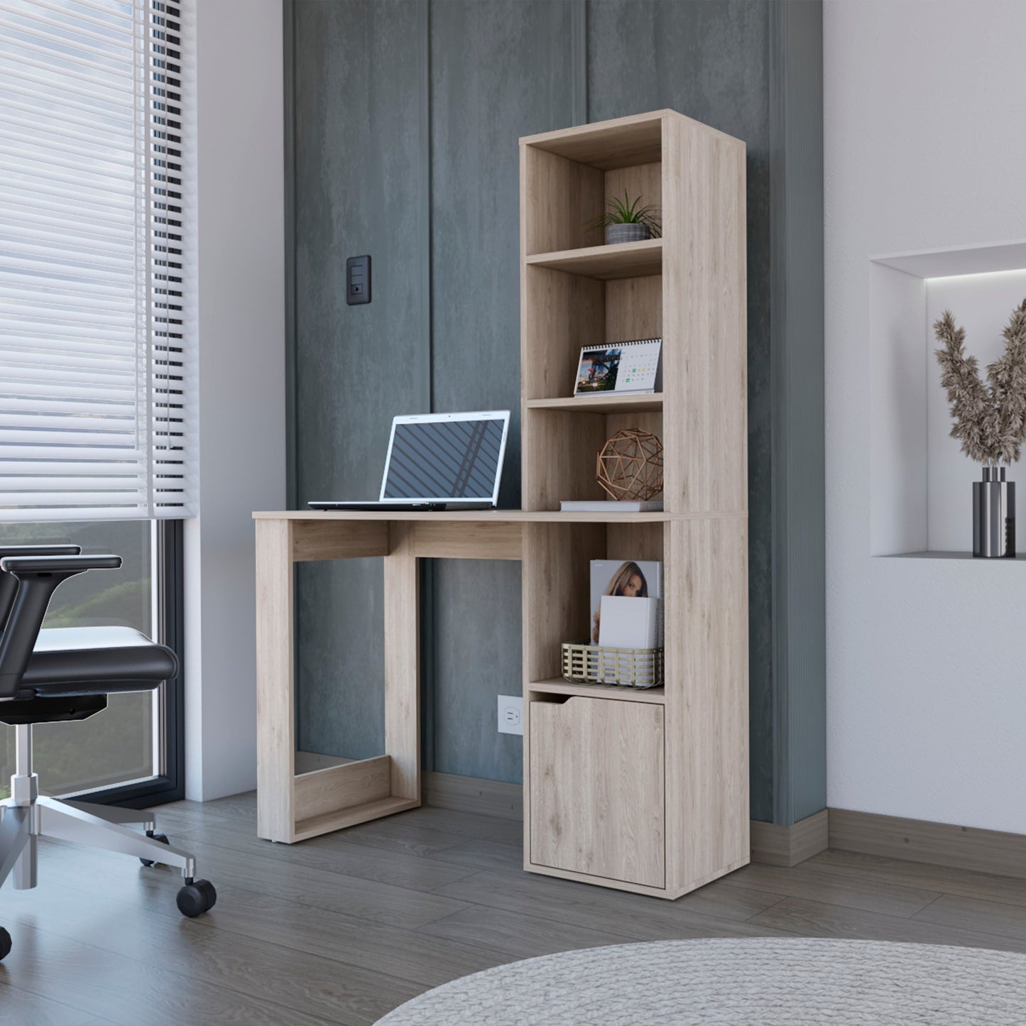 Computer Desk with Single Door Cabinet and 4-Tier Shelf Bicknell, Light Gray Finish-0