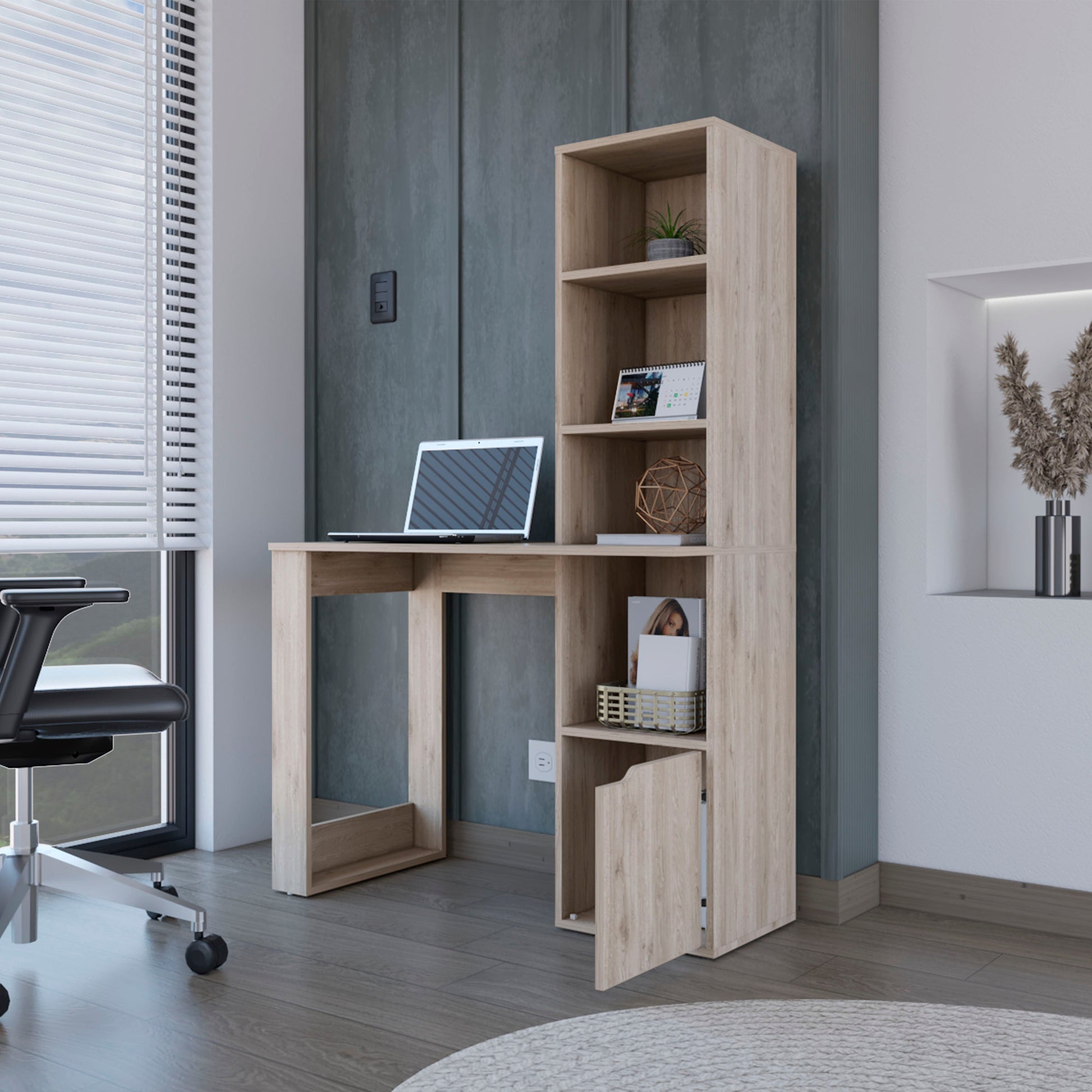 Computer Desk with Single Door Cabinet and 4-Tier Shelf Bicknell, Light Gray Finish-1