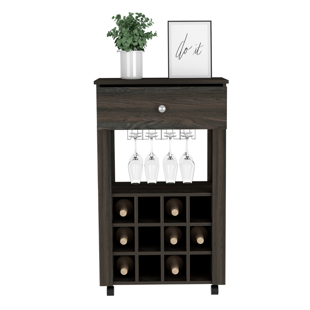 Bar Cart Bayamon, Twelve Wine Cubbies, Four Legs, Carbon Espresso Finish-2