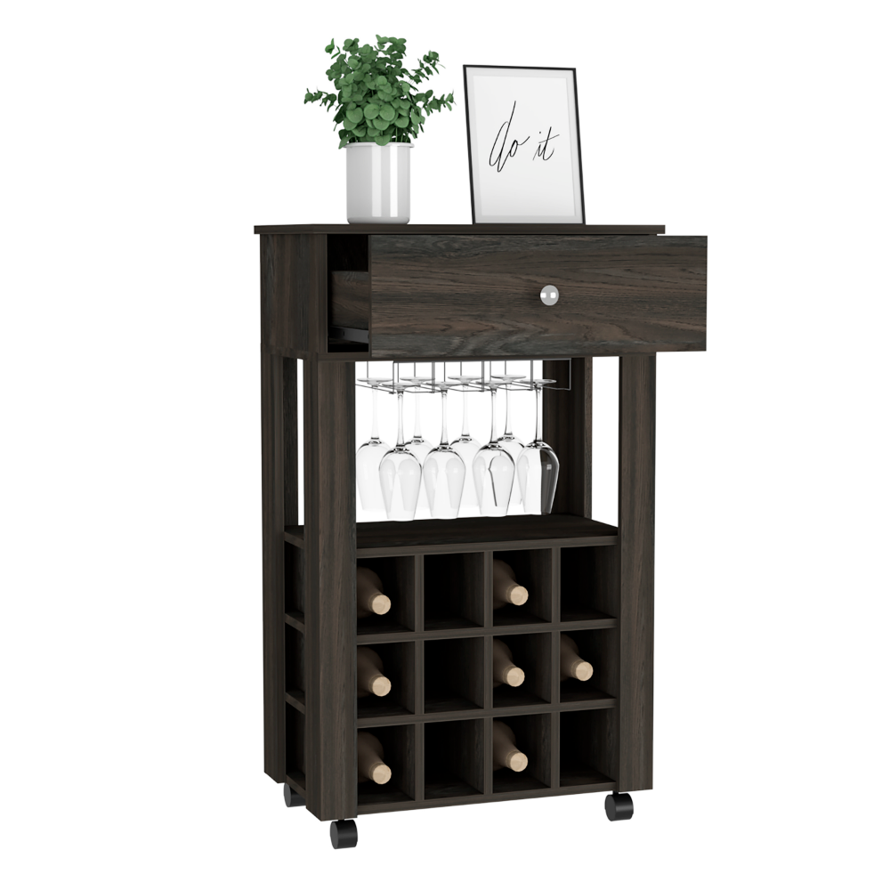 Bar Cart Bayamon, Twelve Wine Cubbies, Four Legs, Carbon Espresso Finish-4