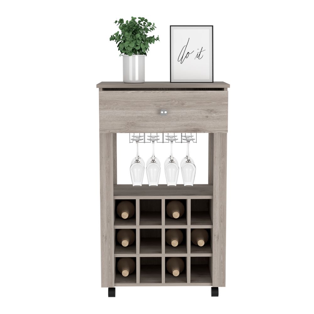 Bar Cart Bayamon, Twelve Wine Cubbies, Four Legs, Light Gray Finish-2