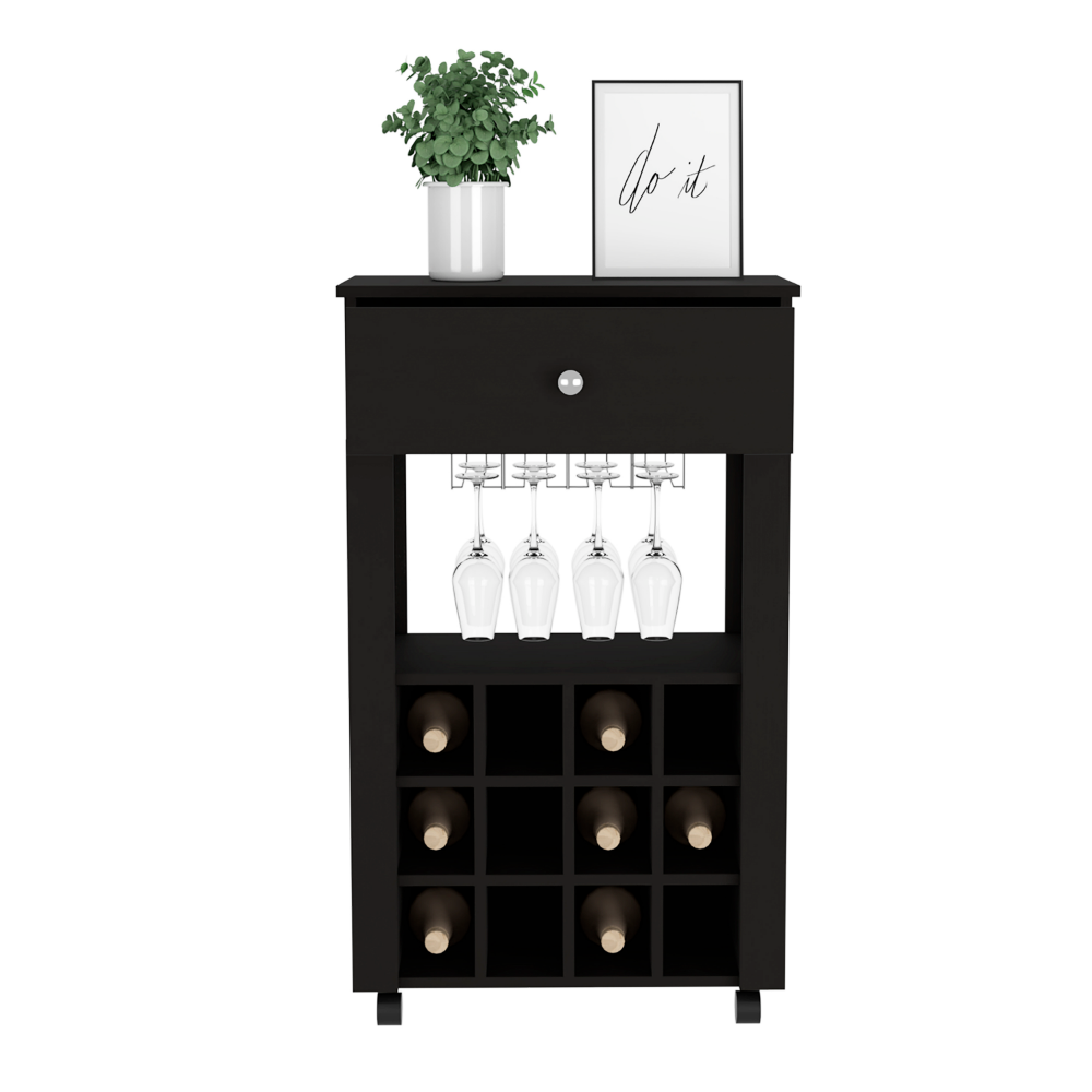 Bar Cart Bayamon, Twelve Wine Cubbies, Four Legs, Black Wengue Finish-2