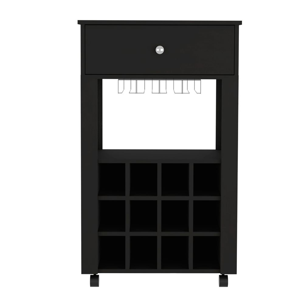 Bar Cart Bayamon, Twelve Wine Cubbies, Four Legs, Black Wengue Finish-3