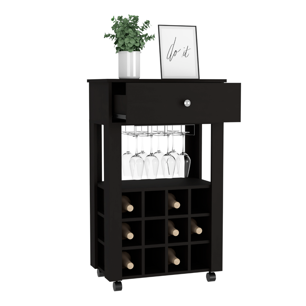 Bar Cart Bayamon, Twelve Wine Cubbies, Four Legs, Black Wengue Finish-4