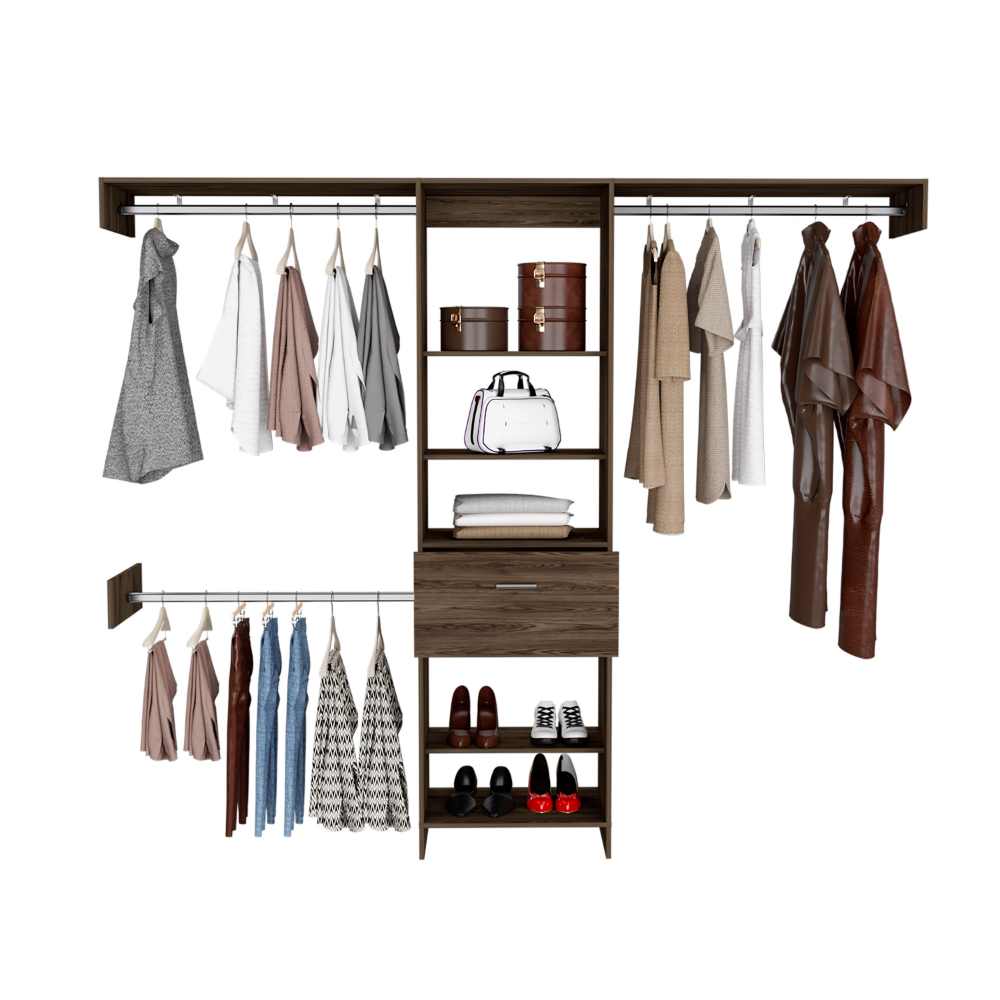 250 Closet System British, One Drawer, Three Metal Rods, Dark Walnut Finish-1