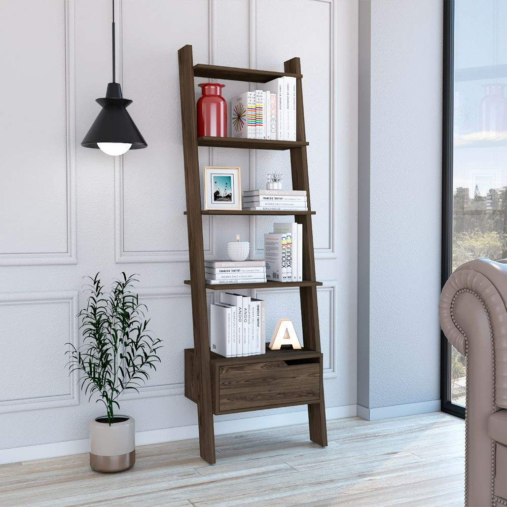 Ladder Bookcase Bull, One Drawer, Five Open Shelves, Dark Walnut Finish-0