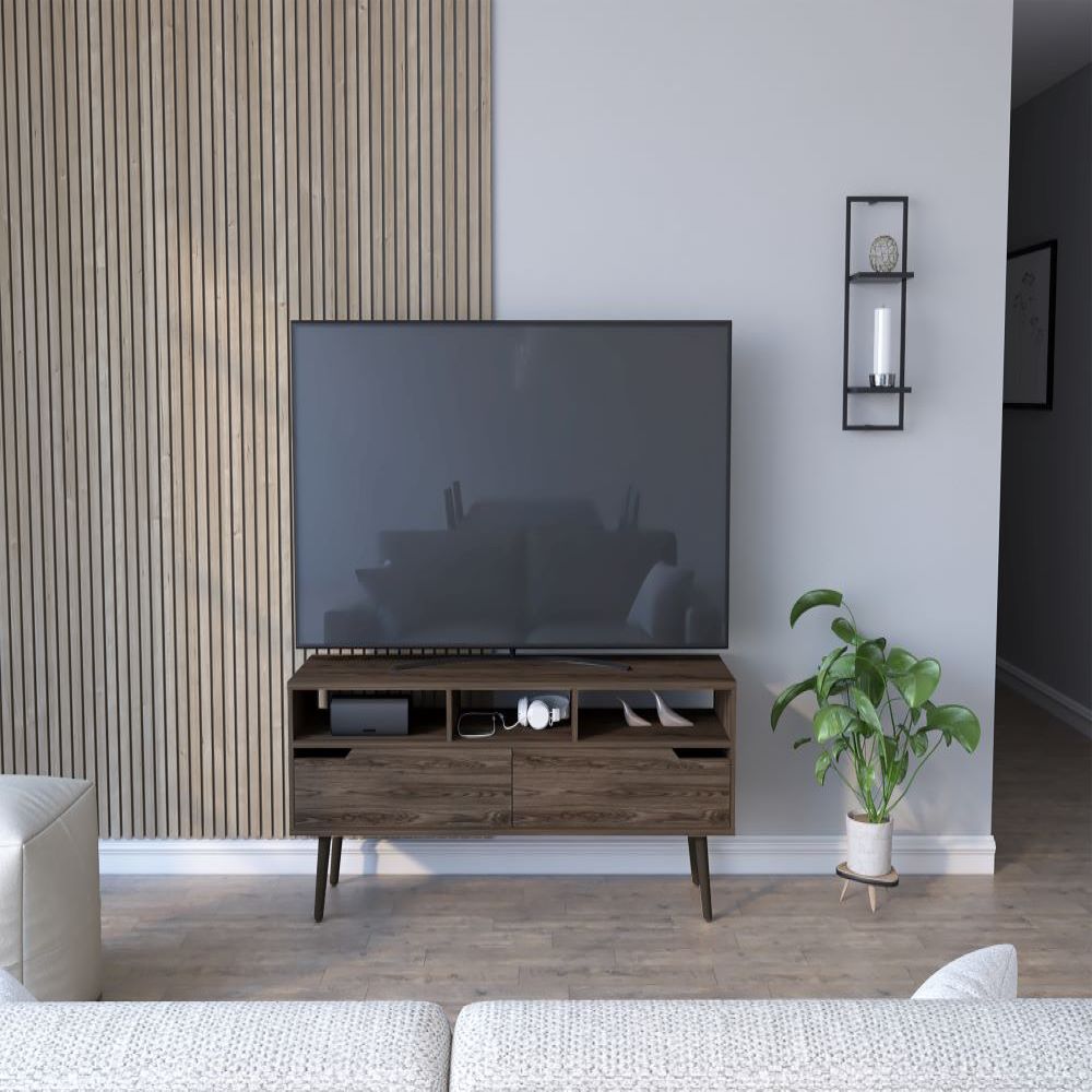 Tv Stand for TV´s up 52" Bull, Three Open Shelves, Two Flexible Drawers, Dark Walnut Finish-0