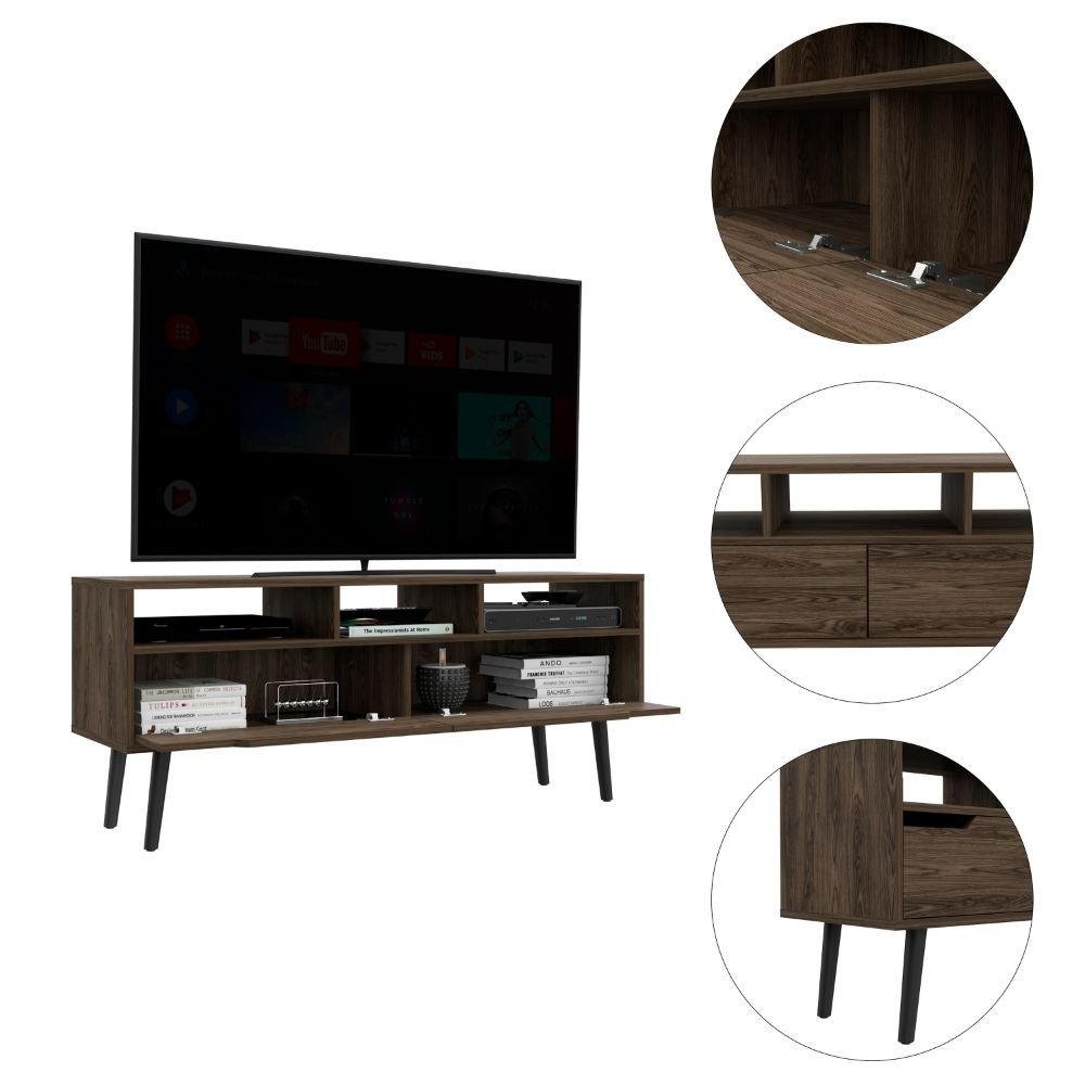 Tv Stand for TV´s up 52" Bull, Three Open Shelves, Two Flexible Drawers, Dark Walnut Finish-2