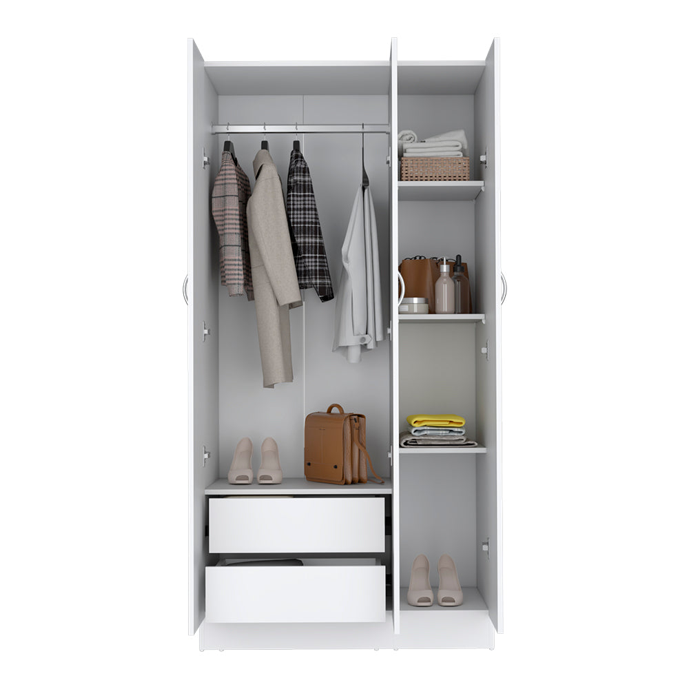 Wardrobe Erie, 4 Storage Shelves, 2 Drawers and 3 Doors, White Finish-2