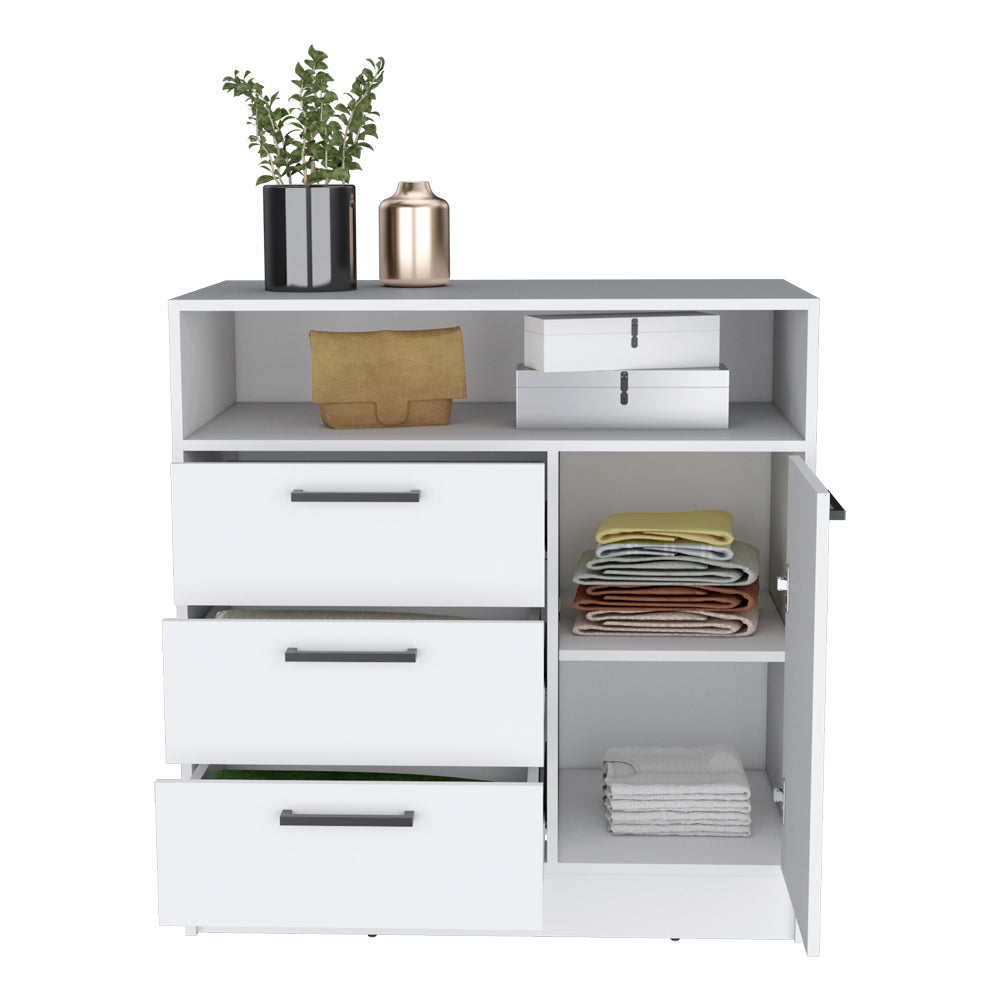 Drawer Dresser Torrey, Integrated Cabinet Storage and 3-Drawers, White Finish-2