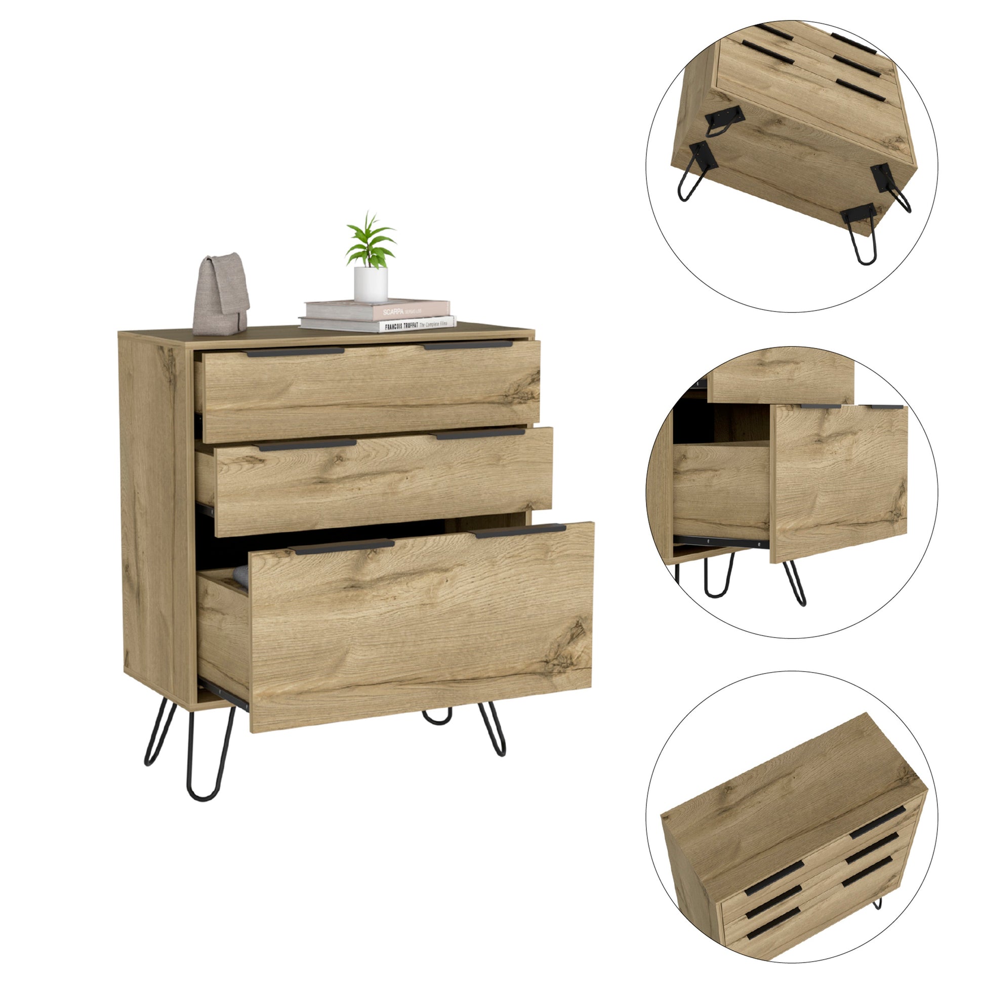 Drawer Dresser Hartly, Spacious 3-Drawer, Light Oak Finish-2