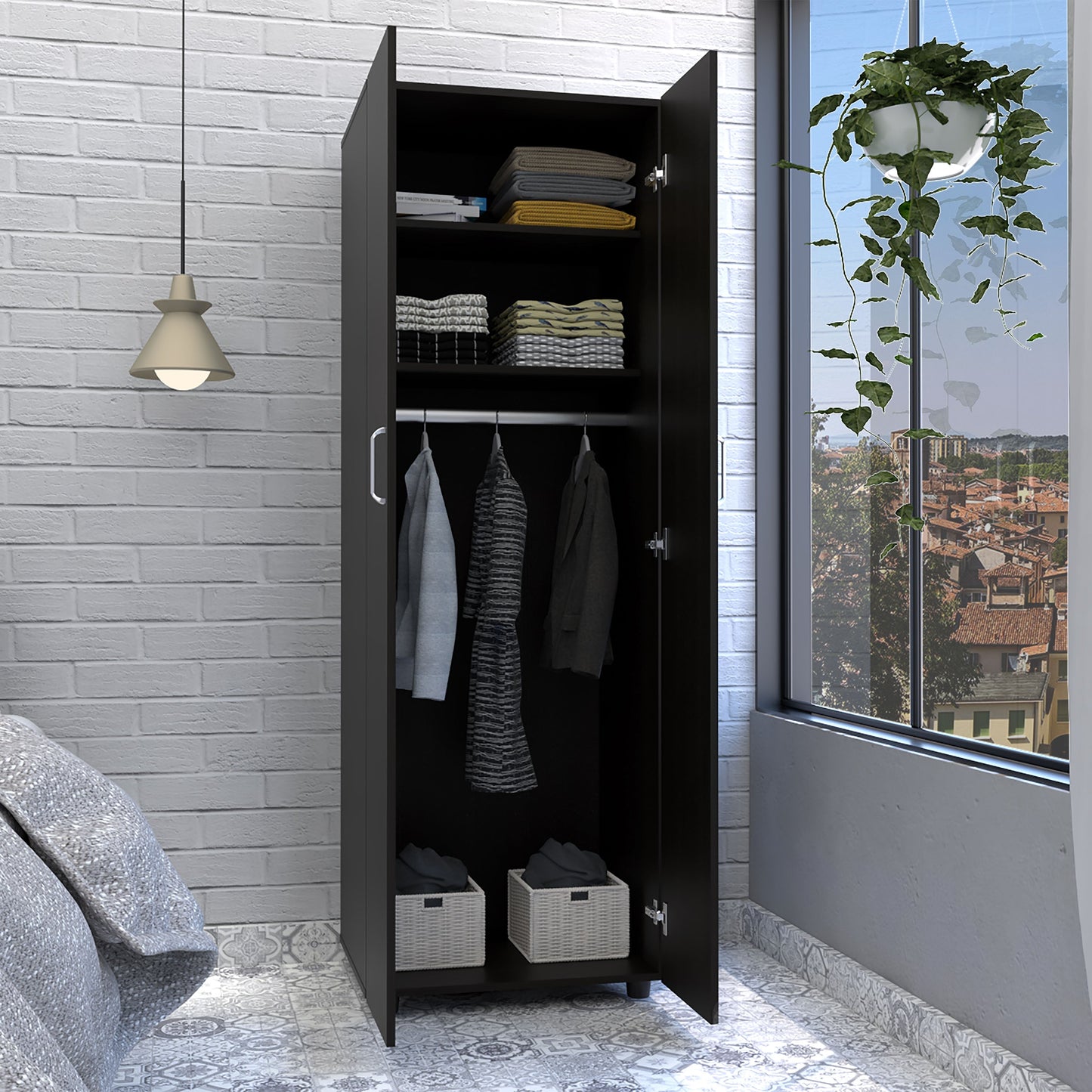 Slim Armoire Barkley Double-Door Closet, Hanging Rod, Black Wengue Finish-1