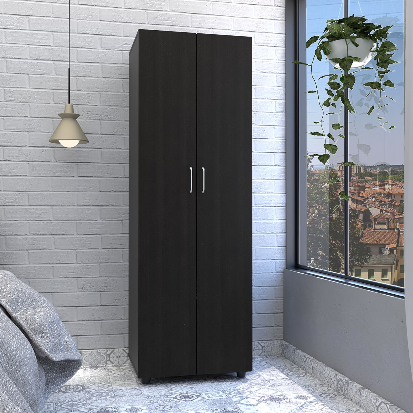 Slim Armoire Barkley Double-Door Closet, Hanging Rod, Black Wengue Finish-0