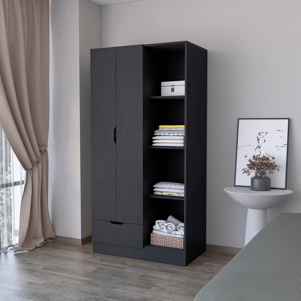 Armoire Dover, 4 Shelves, Drawer and Double Door, Black Wengue Finish-0