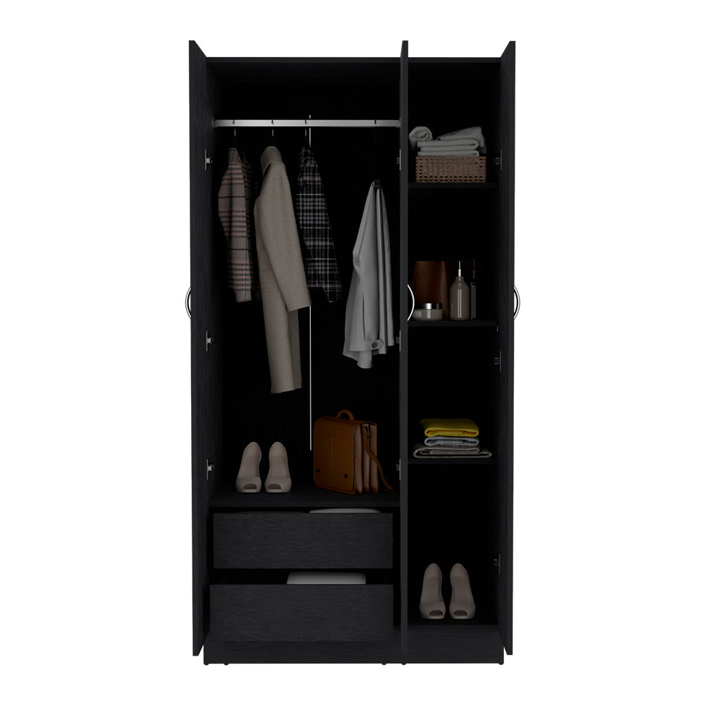 Wardrobe Erie, 4 Storage Shelves, 2 Drawers and 3 Doors, Black Wengue Finish-2