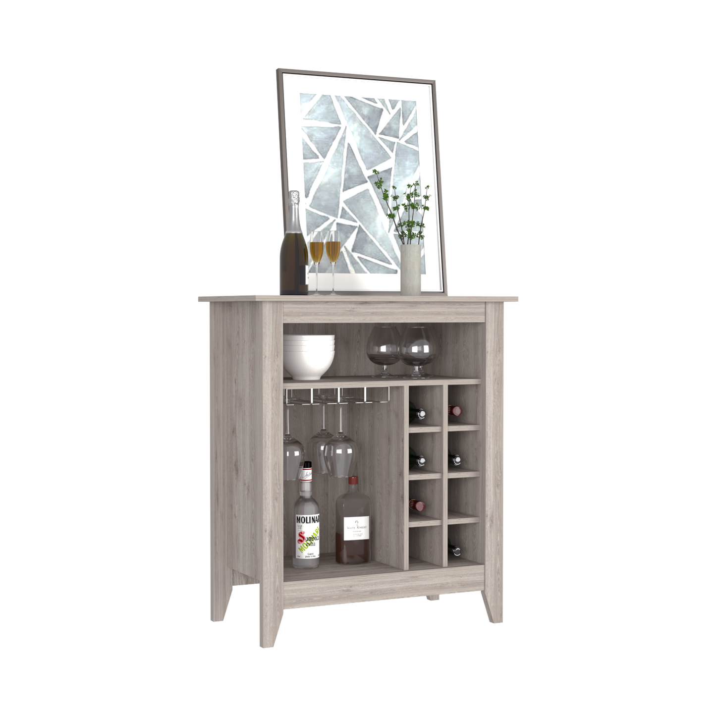 Bar Cabinet Castle, One Open Shelf, Six Wine Cubbies, Light Gray Finish-2