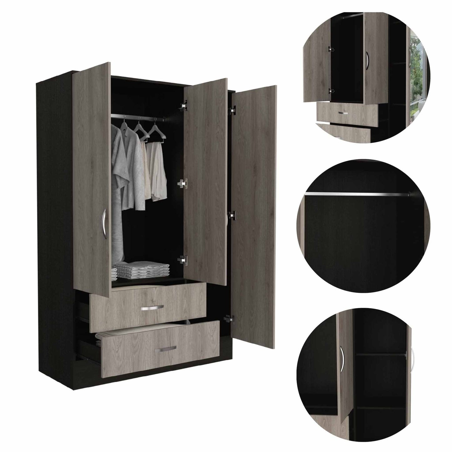 Mirrored Armoire Draggo, Double Door Cabinet, Two Drawers , Rods, Black Wengue/ Light Gray Finish-2