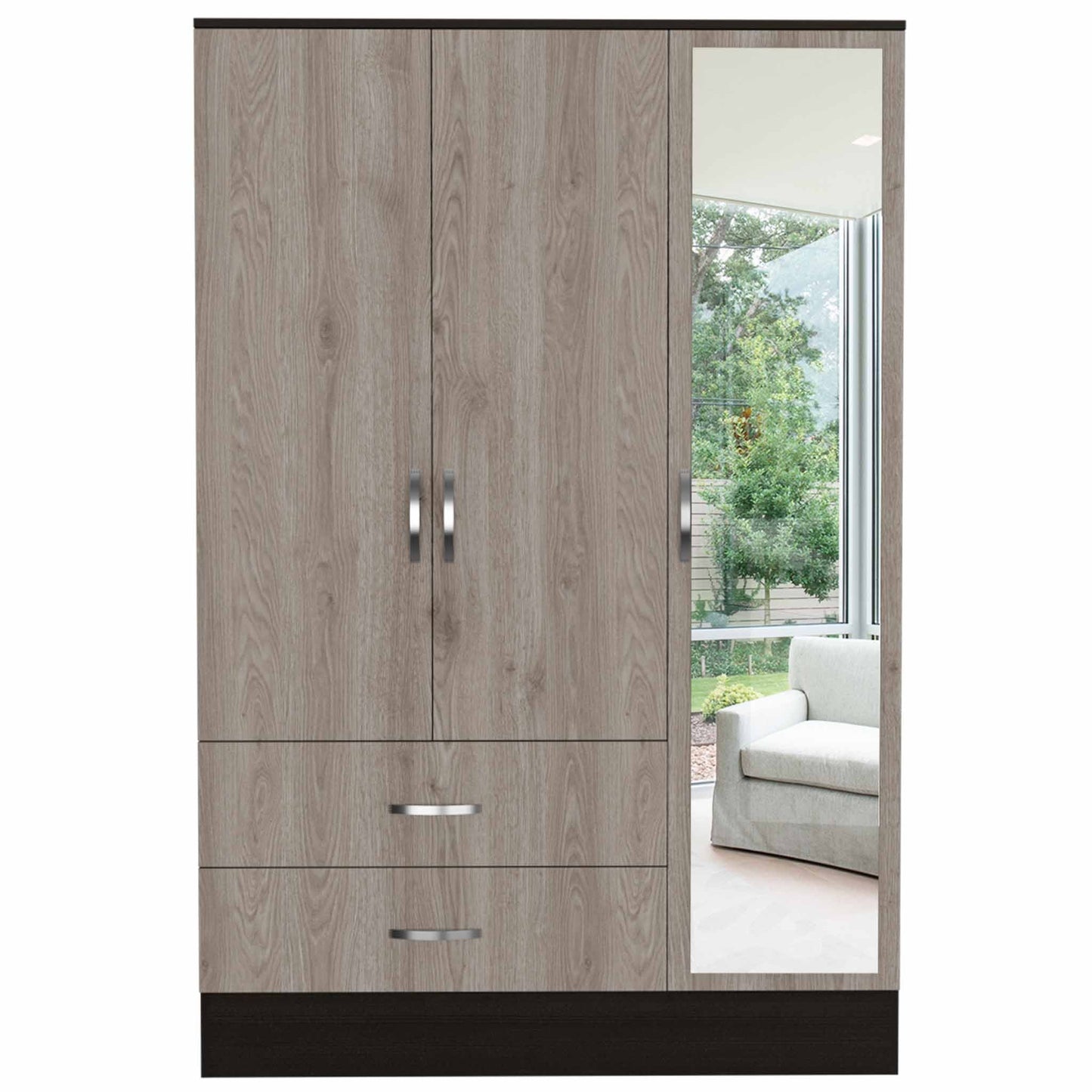 Mirrored Armoire Draggo, Double Door Cabinet, Two Drawers , Rods, Black Wengue/ Light Gray Finish-3