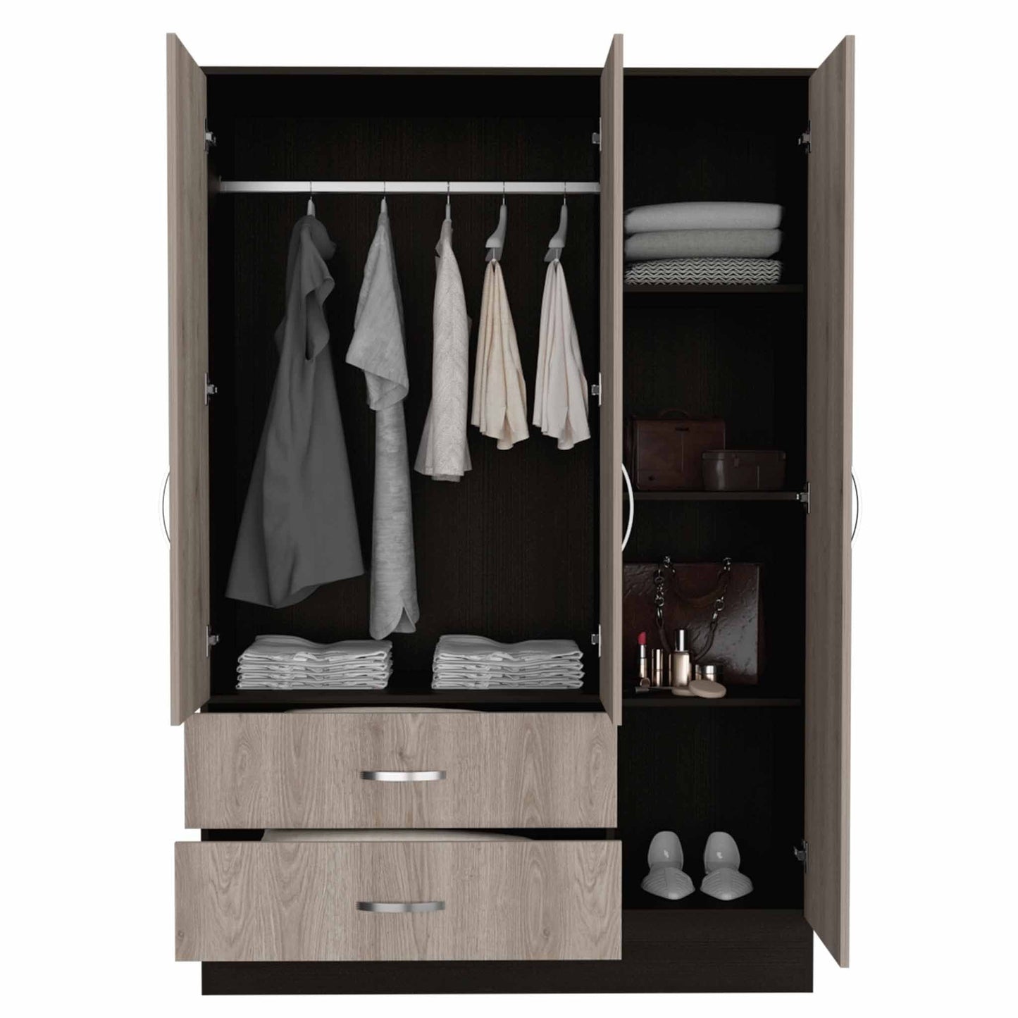 Mirrored Armoire Draggo, Double Door Cabinet, Two Drawers , Rods, Black Wengue/ Light Gray Finish-4